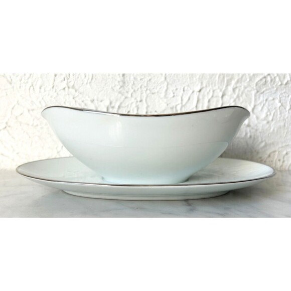 Vintage Noritake Colony China Gravy Boat Attached Underplate White Platinum Trim - Picture 2 of 9